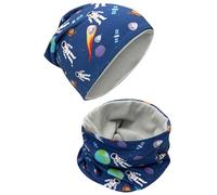 HECKBO Set berretto invernale e scaldacollo bambini - astronauta - 2-8 anni - 95% cotone con pile - autunno primavera inverno (48-54 cm)