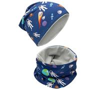 HECKBO Set cappello e sciarpa invernale per bambini - Astronauta - 2-6 anni - 95% cotone con cappello in pile - autunno-primavera-inverno - materiale elasticizzato morbido e di facile manutenzione