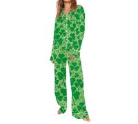 Hecotylus Pigiama lungo da donna per San Patrizio, set da 2 pezzi | Top irlandese a maniche lunghe con bottoni, pantaloni del pigiama, set pigiama a trifoglio, comodo pigiameria