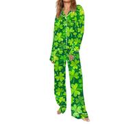 Hecotylus Pigiama lungo da donna per San Patrizio, set da 2 pezzi | Top irlandese a maniche lunghe con bottoni, pantaloni del pigiama, set pigiama a trifoglio, comodo pigiameria
