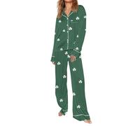 Hecotylus Pigiama lungo da donna per San Patrizio, set da 2 pezzi | Top irlandese a maniche lunghe con bottoni, pantaloni del pigiama, set pigiama a trifoglio, comodo pigiameria