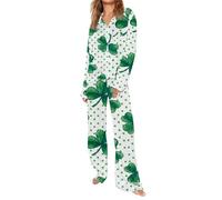 Hecotylus Pigiama lungo da donna per San Patrizio, set da 2 pezzi | Top irlandese a maniche lunghe con bottoni, pantaloni del pigiama, set pigiama a trifoglio, comodo pigiameria