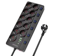 HEEKIM Ciabatta elettrica con USB, 11 presa multipla con USB (2 USB-A e 2 USB-C), 4000 W 16 A, Ciabatta elettrica con commutazione singola per casa, scuola, ufficio, cavo di prolunga da 2 m (nero, 2 m