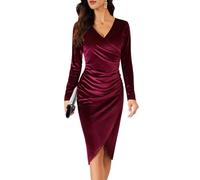 heekpek Abito Elegante Donna Invernale Vestito Velluto Scollo a V Abito da Sera Lungo Vestito Maniche Lunghe Cocktail Vestiti per Natale Capodanno Cerimonia, Bordeaux, M