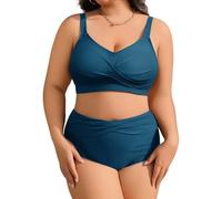 heekpek Costumi da Bagno Donna Taglie Forti Due Pezzi Vita Alta Push Up Bikini Mare Imbottito Costumi Mare da Donna Scollo a V Costume per Seno Grande, Blau Grün, 4XL