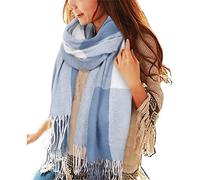 heekpek Sciarpa Donna Invernale Elegante Lunghe Sciarpa Tartan Calda Morbida Colorata Scialle Donna Invernale Cashmere con Frange, Blu e bianco