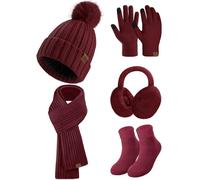 heekpek Set Cappello Sciarpa Guanti Paraorecchie e Calze Invernale Donna in Maglia Berretto Pompon Guanti Touchscreen Caldo Moda 5 Pezzi Invernale Accessori Esterno, Rosso vino