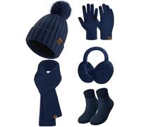 heekpek Set Cappello Sciarpa Guanti Paraorecchie e Calze Invernale Donna in Maglia Berretto Pompon Guanti Touchscreen Caldo Moda 5 Pezzi Invernale Accessori Esterno