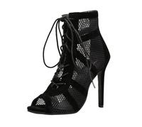 Heels Dance Class Bootie Sandali con Tacco Alto, 7 cm, Sexy, Nero, a Maglia, con Lacci, con Tacchi Alti, Scarpe da Ballo alla Moda, con Tacco Alto