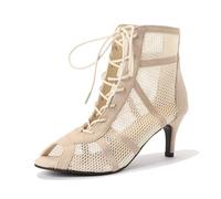 Heels Dance Shoes - Scarpe da Ballo Donna in Rete con Tacco Spillo,Lacci e Bocca Sandali Tacchi da Latino Americano Moda Sexy Sandalo Tango Argentino Eleganti Comfort 7/10 cm,Beige,36