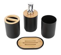 HEEPDD Set Contenitori da Bagno Set di Accessori da Bagno da 4 Pezzi, bambù e Materiale Plastico, Include Portaspazzolino, Portasapone, Dispenser per Lozioni, Tazza per Collutorio per l'uso (BLACK)