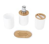 HEEPDD Set Contenitori da Bagno Set di Accessori da Bagno da 4 Pezzi, bambù e Materiale Plastico, Include Portaspazzolino, Portasapone, Dispenser per Lozioni, Tazza per Collutorio per l'uso (WHITE)