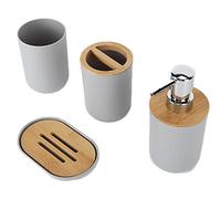 HEEPDD Set Contenitori da Bagno Set di Accessori da Bagno da 4 Pezzi, bambù e Materiale Plastico, Include Portaspazzolino, Portasapone, Dispenser per Lozioni, Tazza per Collutorio per l'uso (GREY)
