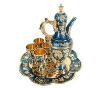 HEEPDD Set da tè Turco, Kit Vintage in Metallo per Vino con 6 Tazze, Elegante Vassoio per Teiera per Decorazioni per la Casa e Occasioni Speciali (Blu dorato)
