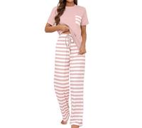 Heersan Pigiama da Donna Set Manica Corte/Lunga Leggeri Cotone Pigiami Due Pezzi Traspirante Collo Rotondo Striped Pajamas Set Abbigliamento Casual