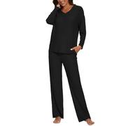 Heersan Pigiama Donna Invernale Due Pezzi Manica Lunga Pantaloni Lunghi Casual Scollo a V Top Elastico in Vita Pantaloni A Gamba Larga con Tasca Completi Tuta Abbigliamento per La Casa