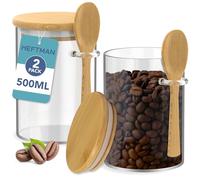 HEFTMAN Barattoli di vetro con coperchio in bambù, 500 ml, confezione da 2 barattoli di vetro con coperchio ermetico in bambù e cucchiai, per caffè, zucchero, spezie, cioccolata calda, con guarnizione
