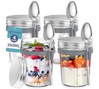 HEFTMAN Barattoli per avena durante la notte, confezione da 4 barattoli per avena da 350 ml, con cucchiai e coperchi ermetici in acciaio inossidabile, contenitori per la colazione in vetro per yogurt,