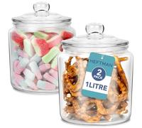 HEFTMAN Barattolo in vetro con coperchio, 2 barattoli vuoti da 1 litro per dolci con coperchio ermetico, robusti barattoli in vetro per dolci, caffè, zucchero, cialde per bucato (confezione da 2)