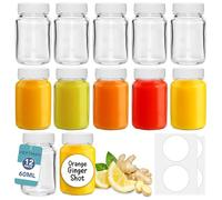 HEFTMAN - Bottiglie in vetro con coperchio, confezione da 12 mini bottiglie vuote da 60 ml per shot di zenzero, con spazzola per la pulizia ed etichette, riutilizzabili, trasparenti, ermetiche