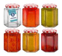 HEFTMAN Piccoli vasetti in vetro con coperchio, confezione da 6, barattoli ermetici da 480 ml, con coperchi a quadretti rossi, barattoli per candele e candele, vasetti esagonali (vuoti)