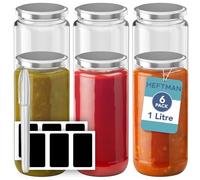 HEFTMAN - Set di 6 barattoli in vetro con coperchi ermetici argentati, per avena, marmellata, chutney, marinata, conservazione degli alimenti, organizzazione della cucina (1 litro)