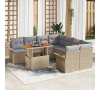 HEFZGDB 9 Pezzi Divano da Giardino con Cuscino Beige Poly Rattan Acacia, Set Modulare da Esterno con Spazio Nascosto, Resistente ai raggi UV e Idrorepellente per Terrazzo e Balcone