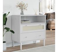 HEFZGDB Credenza SENJA dal design moderno della metà del secolo, in legno di pino massiccio con vernice UV, effetto rustico e frontale in rattan, armadietto con 2 cassetti e 1 scomparto per molto