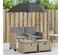HEFZGDB Divano da giardino a 2 posti con ombrellone e 2 sgabelli, beige, in polyrattan, per terrazza e giardino, come mobile per il tempo libero