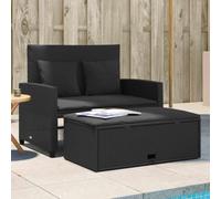 HEFZGDB Divano da giardino con cuscino, 2 posti, nero, in polyrattan intrecciato, divano letto per esterni con schienale regolabile e sgabello, rivestimento impermeabile, resistente alle intemperie