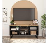 HEFZGDB Mobile TV 100x33x46cm in Legno Massello di Mango e Multistrato con 4 Scomparti a Giorno e 3 Ripiani, Credenza Bassa Stabile con Piedini in Ferro per Soggiorno, Mobile