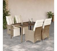 HEFZGDB Set da 5 pezzi da giardino con cuscini beige, in polyrattan, schienale e pediera regolabili, fodere rimovibili e lavabili, piano del tavolo in vetro temperato, rattan PE resistente alle
