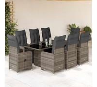 HEFZGDB Set da giardino da 9 pezzi con cuscini in polyrattan grigio, schienale regolabile, rivestimenti rimovibili, piano del tavolo in vetro temperato, mobili da giardino resistenti alle intemperie