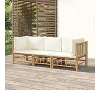 HEFZGDB Set da giardino in bambù da 3 pezzi, con cuscini bianco crema, per terrazza e balcone, divano da esterno durevole con cuscino imbottito, design modulare, flessibile per il massimo comfort