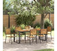 HEFZGDB Set da pranzo da giardino, 7 pezzi, in polyrattan, acacia, con 6 posti, resistente alle intemperie, per terrazza, giardino, balcone, resistente ai raggi UV, facile da pulire