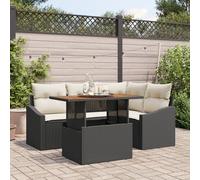 HEFZGDB Set da pranzo da giardino da 5 pezzi con cuscini neri in polyrattan acacia, mobili da esterno per terrazza e balcone con spazio e design resistente alle intemperie, comoda imbottitura e