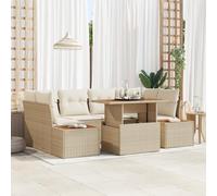 HEFZGDB Set da pranzo da giardino da 7 pezzi con cuscini, in polyrattan e acacia, tavolo rettangolare e posti a sedere per fino a cinque persone, materiale resistente alle intemperie e ai raggi UV
