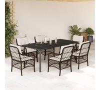 HEFZGDB Set da pranzo da giardino da 7 pezzi con cuscini marroni in polyrattan, mobili da esterno con piano in vetro e rivestimenti sfoderabili per terrazza e giardino. Questo titolo (149 caratteri