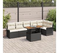 HEFZGDB Set da pranzo da giardino da 7 pezzi con cuscini neri in polyrattan e acacia per terrazza, 6 posti con vano portaoggetti, mobili da esterno resistenti alle intemperie per una convivenza