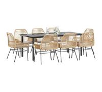 HEFZGDB Set da pranzo da giardino da 9 pezzi con cuscino, in polyrattan marrone, tavolo e sedie in vetro per terrazza, mobili da giardino in rattan sintetico, per esterni, con struttura in acciaio e