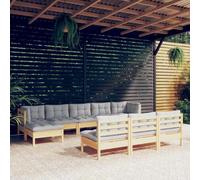 HEFZGDB Set di 10 mobili da giardino in legno di pino massello con cuscini grigi, mobili da terrazza robusti per il relax e la convivenza all'aperto, espandibile modularmente