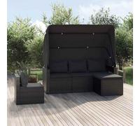 HEFZGDB Set di 4 divani da giardino con cuscini neri in polyrattan, tettuccio parasole pieghevole e poggiapiedi, mobili in rattan PE resistente alle intemperie con telaio in acciaio per terrazza
