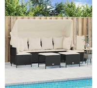 HEFZGDB Set di 5 divani da giardino con cuscini neri in polyrattan, schienale e poggiapiedi regolabili, tettuccio parasole estensibile, mobili in rattan sintetico resistente alle intemperie, per