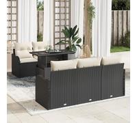 HEFZGDB Set di 6 divani da giardino con cuscini, in polyrattan nero, per terrazza, balcone, moderno gruppo di divani da esterno con cuscini color crema, resistente alle intemperie e comodo per il