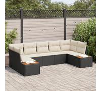 HEFZGDB Set di 7 divani da giardino con cuscini in bianco e nero, mobili modulari per esterni in polyrattan e acacia, per terrazza e balcone, resistenti alle intemperie e comodi con spessori