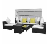 HEFZGDB Set di 7 mobili da giardino con tettuccio parasole, in polyrattan nero, set di divano modulare con elementi angolari, parte centrale, pannelli laterali, tavolino da caffè, 5 cuscini per seduta