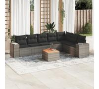 HEFZGDB Set di 8 divani da giardino con cuscini in polyrattan grigio, design modulare con vano portaoggetti e borsa impermeabile, comoda imbottitura e stabile piano del tavolo in legno di acacia