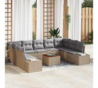HEFZGDB Set di divani da giardino, 10 pezzi, beige e grigio chiaro, in resistente rattan sintetico, con tavolo in legno di acacia e vano portaoggetti impermeabile, per terrazza e balcone, modulare