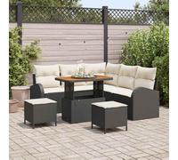 HEFZGDB Set di divani da giardino in polyrattan nero, 8 pezzi, con cuscini e tavolo, mobili moderni per esterni per terrazza e giardino, resistente ai raggi UV, con piano in legno di acacia