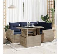 HEFZGDB Set divano da giardino da 5 pezzi con cuscino grigio polyrattan acacia, spazio e ripiano, mobili da esterno resistenti alle intemperie per terrazza. Questo titolo è lungo 144 caratteri e